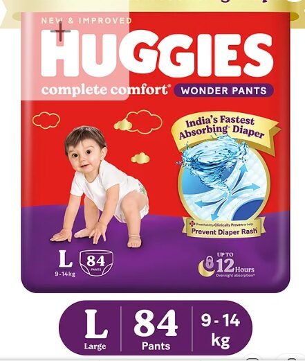 Huggies Complete Comfort Wonder Pants, India's Fastest Absorbing Diaper | L Size, 84 Diapers