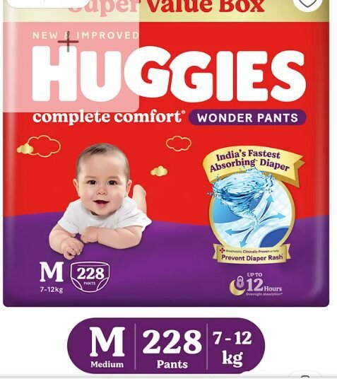 Huggies Complete Comfort Wonder Pants, India's Fastest Absorbing Diaper | M Size, 228 Diapers