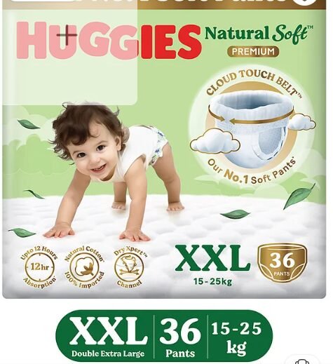 Huggies Natural Soft Premium Baby Diaper Pants, Double Extra Large (XXL) Size (15-25 Kgs), Pack of 36 | Cloud Softness All over
