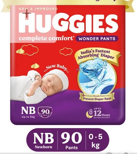 Huggies Complete Comfort Wonder Pants, India's Fastest Absorbing Diaper | Newborn Size, 90 Diapers