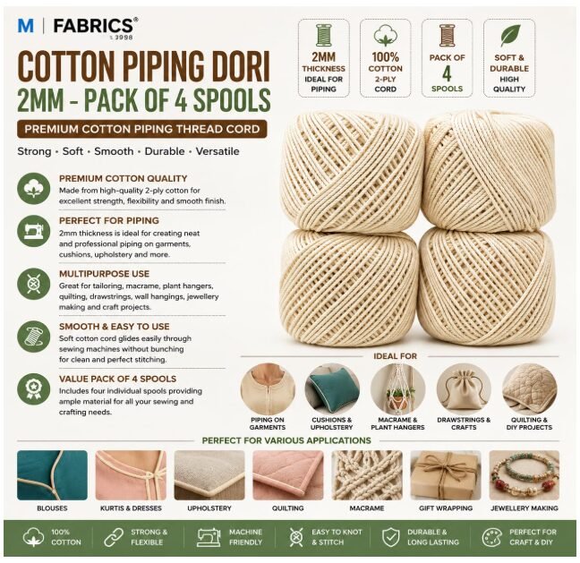 M Fabrics 4 Pcs Cotton Piping Thread Dori (2 mm / 18 No.) | Pack of 4 Spools for Tailoring, Sewing, Macrame Cord, Plant Hangers & Quilting Craft Work - Image 3