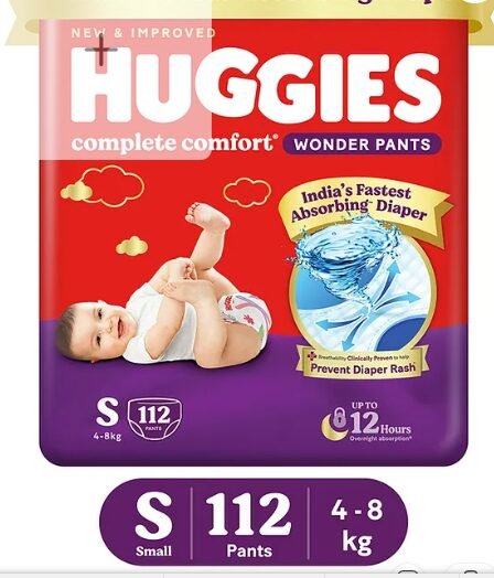 Huggies Complete Comfort Wonder Pants, India's Fastest Absorbing Diaper | S Size, 112 Diapers