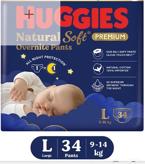 Huggies Natural Soft Overnite Diaper Pants| Premium Pant Style Baby Diapers Large Size (L Size | 9-14 Kgs) , 34 count| Keeps baby dry all night with cloud softness all over