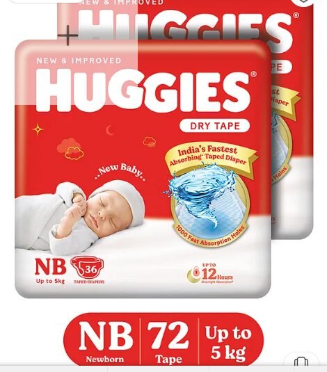 Mom's Pick Huggies Dry Tape | Adjustable Tape Style Diapers, New Born (NB) Size (0-5 Kgs), Combo pack of 72 | Up To 2X Faster Absorption, Up To 12 Hours Overnight Absorption
