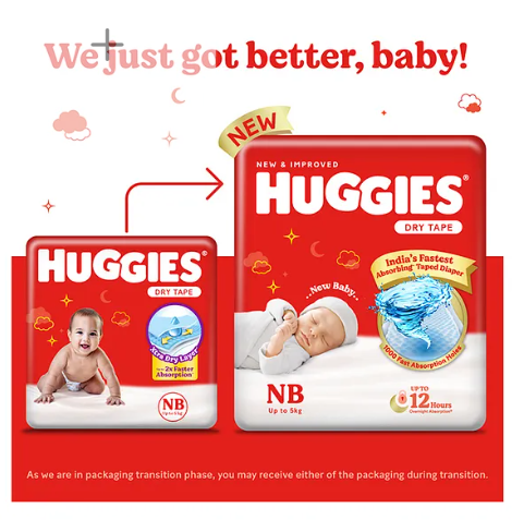Mom's Pick Huggies Dry Tape | Adjustable Tape Style Diapers, New Born (NB) Size (0-5 Kgs), Combo pack of 72 | Up To 2X Faster Absorption, Up To 12 Hours Overnight Absorption - Image 2