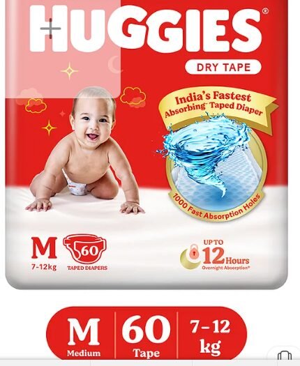 Huggies Dry Tape | Adjustable Tape Style Diapers, Medium (M) Size (7-12 Kgs), Pack of 60 | Up To 2X Faster Absorption, Up To 12 Hours Overnight Absorption