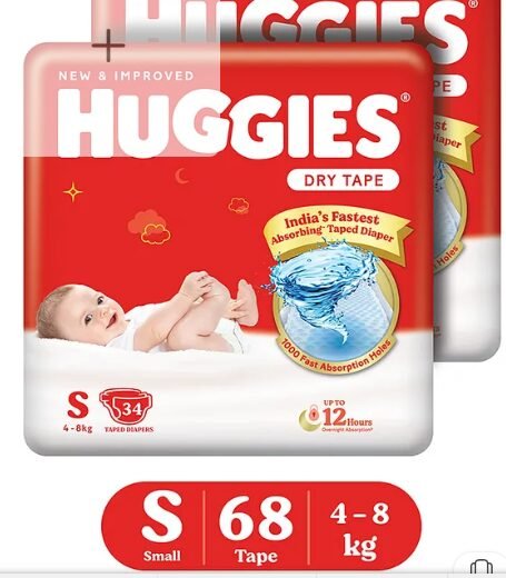 Mom's Pick Huggies Adjustable Dry Tape Style Diapers, Small (S) Size (4-8 Kgs), Combo Pack of 68 | Up To 2X Faster Absorption, Up To 12 Hours Overnight Absorption