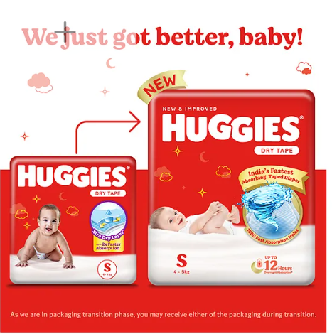 Mom's Pick Huggies Adjustable Dry Tape Style Diapers, Small (S) Size (4-8 Kgs), Combo Pack of 68 | Up To 2X Faster Absorption, Up To 12 Hours Overnight Absorption - Image 2