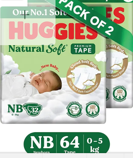 Huggies Natural Soft Premium Tape Diapers Newborn/Extra Small (NB/XS) Size, Upto 5 kgs, 64 Count (Pack of 2)| Our No.1 Soft Taped Diaper with Cloud Soft Bed, designed for Newborns with Runny Poo Absorption