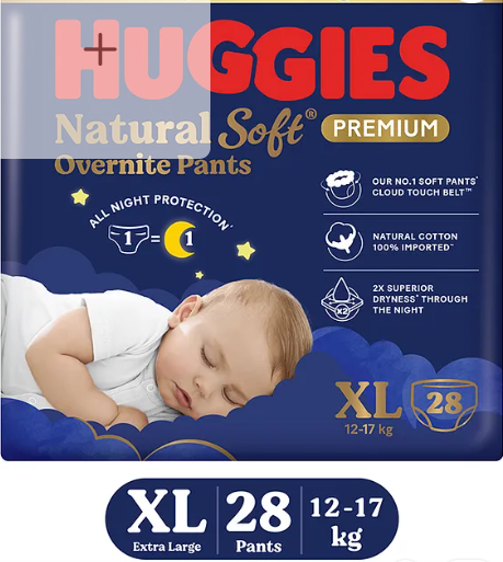 Huggies Natural Soft Overnite Diaper Pants| Premium Pant Style Baby Diapers Extra Large Size (XL Size | 12-17 Kgs) , 28 count| Keeps baby dry all night with cloud softness all over