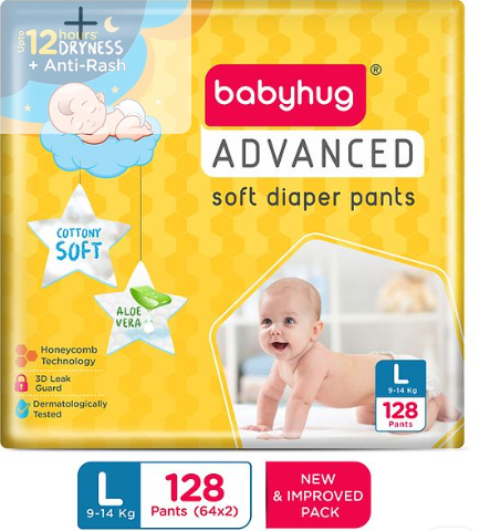 Babyhug Advanced Pant Style Diapers Large (L) Size Monthly Box Pack - 128 Pieces, Honeycomb Technology, Cottony Soft Diaper with 3D Leak Guard, Latex & Alcohol Free, Anti-rash & Gentle