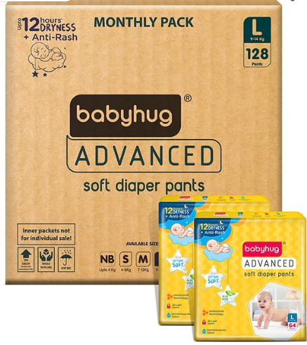 Babyhug Advanced Pant Style Diapers Large (L) Size Monthly Box Pack - 128 Pieces, Honeycomb Technology, Cottony Soft Diaper with 3D Leak Guard, Latex & Alcohol Free, Anti-rash & Gentle - Image 2
