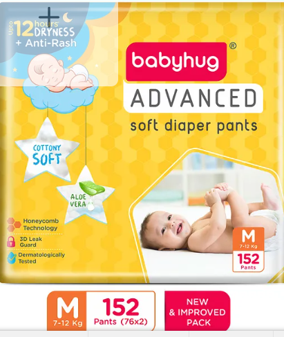 Babyhug Advanced Pant Style Diapers Medium (M) Size Monthly Box Pack - 152 Pieces, Honeycomb Technology, Cottony Soft Diaper with 3D Leak Guard, Latex & Alcohol Free, Anti-rash & Gentle