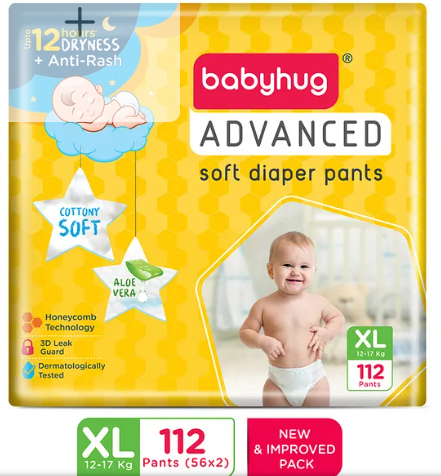Babyhug Advanced Pant Style Diapers Extra Large (XL) Size Monthly Box Pack - 112 Pieces, Honeycomb Technology, Cottony Soft Diaper with 3D Leak Guard, Latex & Alcohol Free, Anti-rash & Gentle