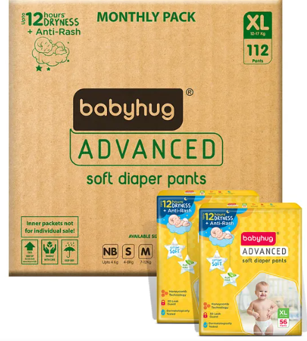 Babyhug Advanced Pant Style Diapers Extra Large (XL) Size Monthly Box Pack - 112 Pieces, Honeycomb Technology, Cottony Soft Diaper with 3D Leak Guard, Latex & Alcohol Free, Anti-rash & Gentle - Image 2