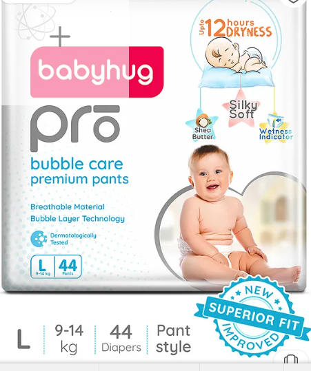 Babyhug Pro Bubble Care Premium Pant Style Diaper Large (L) Size - 44 Pieces - New & Improved Superior Fit