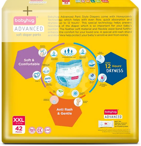 Babyhug Advanced Pant Style Diapers XXL - 42 Pieces, Honeycomb Technology, Cottony Soft Diaper with 3D Leak Guard, Latex & Alcohol Free, Anti-rash & Gentle - Image 2