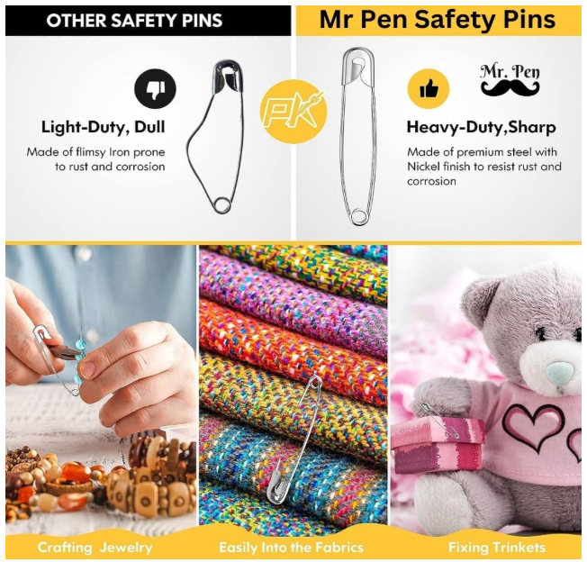 Mr Pen Safety Pins, Safety Pins Assorted, 300 Pack Silver and Golden Pins, Assorted Safety Pins, Safety Pin, Small Safety Pins, Safety Pins Bulk, Large Safety Pins, Safety Pins for Clothes - Image 2