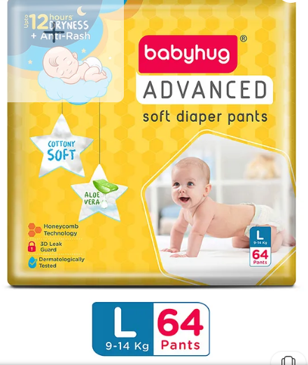 Babyhug Advanced Pant Style Diapers Large (L) Size - 64 Pieces, Honeycomb Technology, Cottony Soft Diaper with 3D Leak Guard, Latex & Alcohol Free, Anti-rash & Gentle