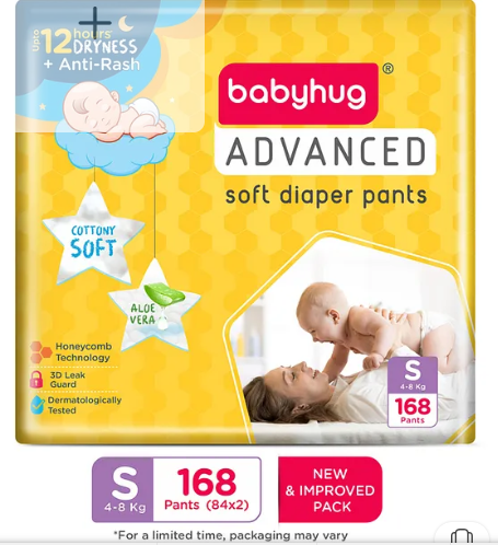 Babyhug Advanced Pant Style Diaper Monthly Box Pack Small (S) Size - 168 Pieces, Honeycomb Technology, Cottony Soft Diaper with 3D Leak Guard, Latex & Alcohol Free, Anti-rash & Gentle