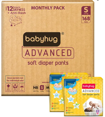 Babyhug Advanced Pant Style Diaper Monthly Box Pack Small (S) Size - 168 Pieces, Honeycomb Technology, Cottony Soft Diaper with 3D Leak Guard, Latex & Alcohol Free, Anti-rash & Gentle - Image 2