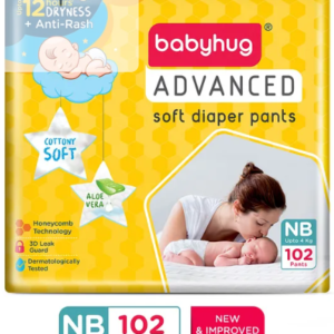 Babyhug Advanced Pant Style Diaper New Born (NB) Size Monthly Box Pack - 102 Pieces, Honeycomb Technology, Cottony Soft Diaper with 3D Leak Guard, Latex & Alcohol Free, Anti-rash & Gentle