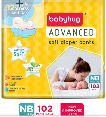 Babyhug Advanced Pant Style Diaper New Born (NB) Size Monthly Box Pack - 102 Pieces, Honeycomb Technology, Cottony Soft Diaper with 3D Leak Guard, Latex & Alcohol Free, Anti-rash & Gentle