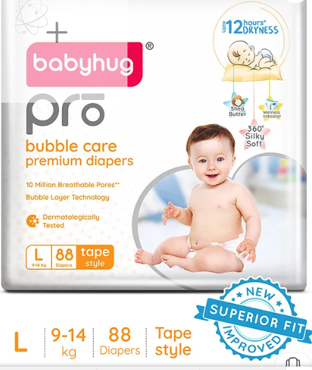 Babyhug Pro Bubble Care Premium Tape Style Diaper Large - 88 Pieces - New & Improved Superior Fit