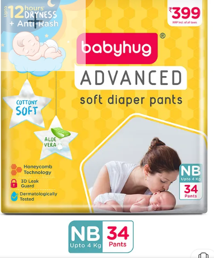 Babyhug Advanced Pant Style Diaper New Born (NB) - 34 Pieces, Honeycomb Technology, Cottony Soft Diaper with 3D Leak Guard, Latex & Alcohol Free, Anti-rash & Gentle