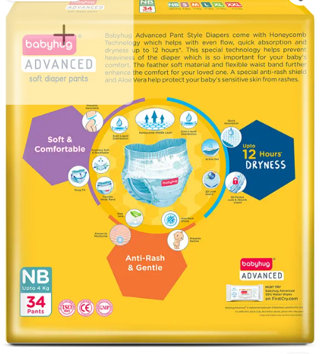 Babyhug Advanced Pant Style Diaper New Born (NB) - 34 Pieces, Honeycomb Technology, Cottony Soft Diaper with 3D Leak Guard, Latex & Alcohol Free, Anti-rash & Gentle - Image 2