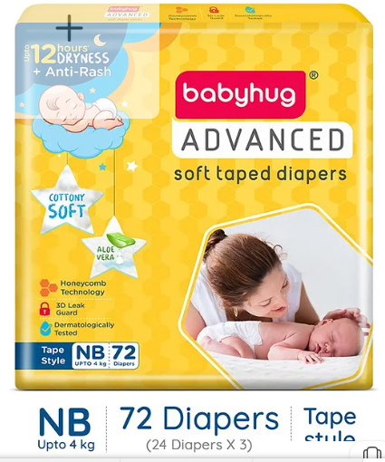 Babyhug Advanced Tape Style Diapers New Born Size - 72 Pieces