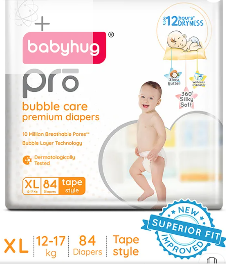Babyhug Pro Bubble Care Premium Tape Style Diaper Extra Large - 84 Pieces - New & Improved Superior Fit