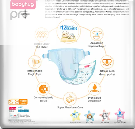 Babyhug Pro Bubble Care Premium Tape Style Diaper Extra Large - 84 Pieces - New & Improved Superior Fit - Image 2