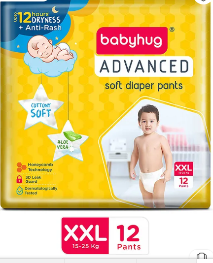 Babyhug Advanced Pant Style Diapers XXL - 12 Pieces, Honeycomb Technology, Cottony Soft Diaper with 3D Leak Guard, Latex & Alcohol Free, Anti-rash & Gentle