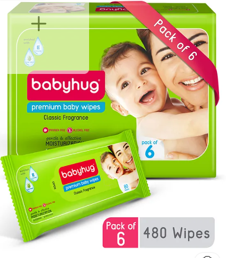Babyhug Premium 98% Water Baby Wet Wipes with Moisturising Aloe Vera Pack Of 6 - 80 Piece Each