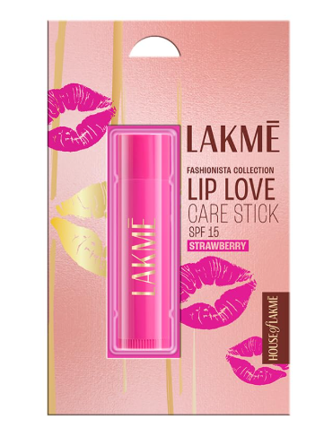 Lakme Lip Love Care Stick Strawberry, with 10% Vitamin E Complex, nourished with Shea & Cocoa Butter and enriched with Almond & Jojoba Oil for 24hr moisturization in just 1 swipe, with SPF 15, 4.5g