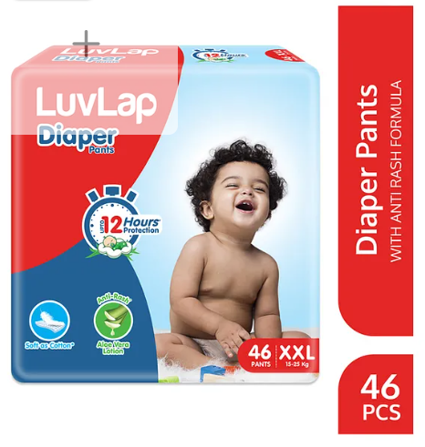 LuvLap Diaper Pants XXL, 15-25kg, 46 Count, Baby Diaper Pants, with Aloe Vera Lotion for Rash Protection, upto 12 Hour protection, White