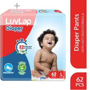 LuvLap Pant Style Baby Diapers, Large (L), 62 Count, Aloe Vera Lotion, 12hr Protection, White