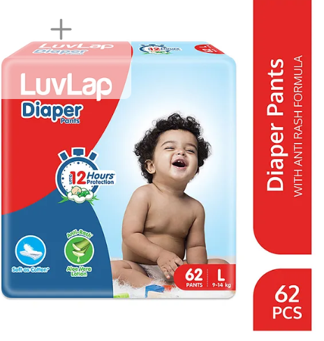 LuvLap Pant Style Baby Diapers, Large (L), 62 Count, Aloe Vera Lotion, 12hr Protection, White