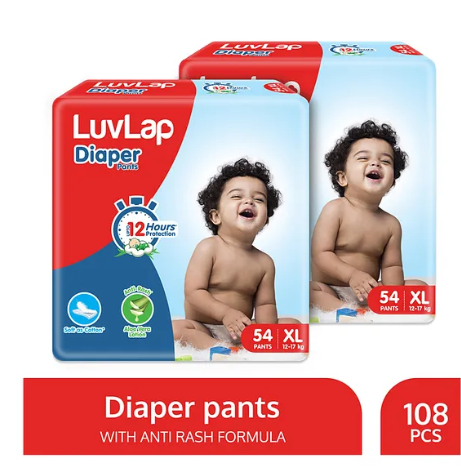 LuvLap Pant Style Baby Diapers, Extra Large (XL), 12-17Kg, Pack of 2 (108 Pants), Aloe Vera Lotion, 12hr Protection, White