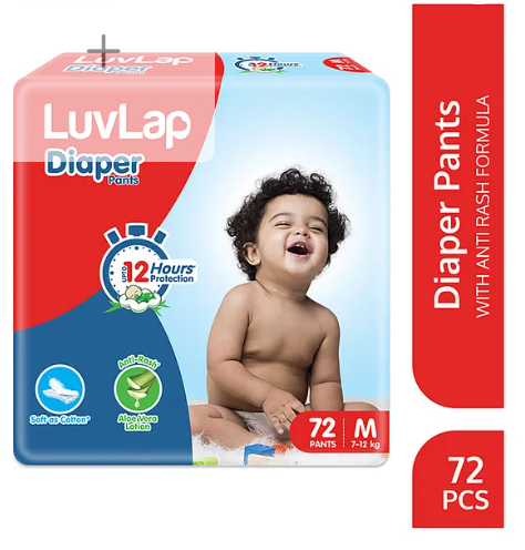 LuvLap Baby Diaper Pants, Medium (M), 72 Count, Aloe Vera Lotion, 12hr Protection, White