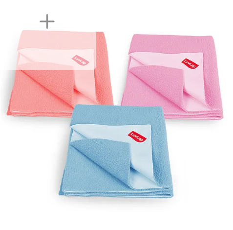 LuvLap Instadry Waterproof Baby Dry Sheet 3-Pack, Small L 50 x B 70 cm cm (20x28 inch), Extra Absorbent Bed Protector, Salmon Rose, Baby Pink & Sky Blue