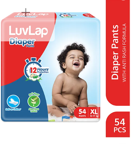 LuvLap Pant Style Baby Diapers, X-Large (XL), 54 Count, Aloe Vera Lotion, 12hr Protection, White