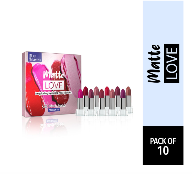 Blue Heaven Matte Love Mini Lipsticks pack of 10 | Long Lasting, Hydrating & Moisturizing Mini Roll on Lipsticks for Women | Soft-Matte Finish | 13g