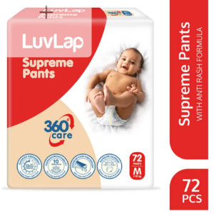 LuvLap Supreme Diaper Pants Medium (MD) 7-12kg, 72pcs, Aloe Vera, Rash Prevention, 12hr Protection, 5 Layer, White