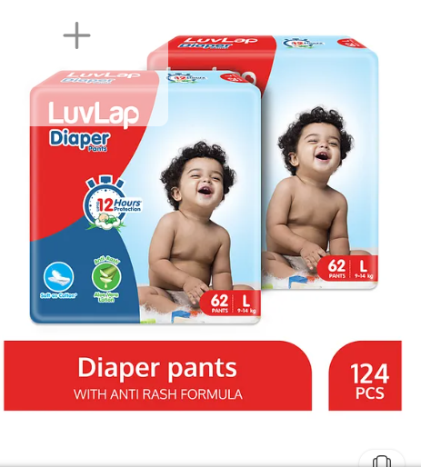 LuvLap Pant Style Baby Diapers, Large (LG), 9-14Kg, Pack of 2 (124 Pants), Aloe Vera Lotion, 12hr Protection, White
