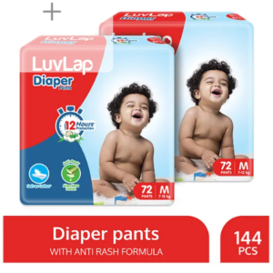 LuvLap Pant Style Baby Diapers, Medium (MD), Pack of 2, 144 Pants, Aloe Vera Lotion, 12hr Protection, White