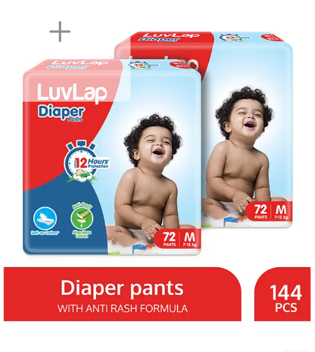 LuvLap Pant Style Baby Diapers, Medium (MD), Pack of 2, 144 Pants, Aloe Vera Lotion, 12hr Protection, White