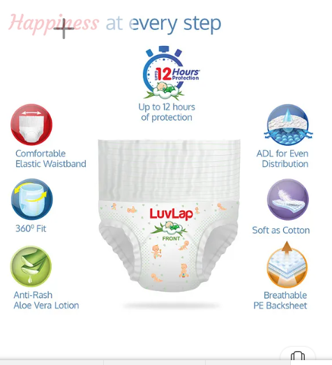 LuvLap Pant Style Baby Diapers, Medium (MD), Pack of 2, 144 Pants, Aloe Vera Lotion, 12hr Protection, White - Image 2