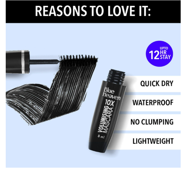 Blue Heaven 10X Volumising Mascara | Waterproof & Smudge Proof | Light Weight Formula | Long Lasting Mascara for Women | Stays Upto 12 Hrs | 8ml - Image 3